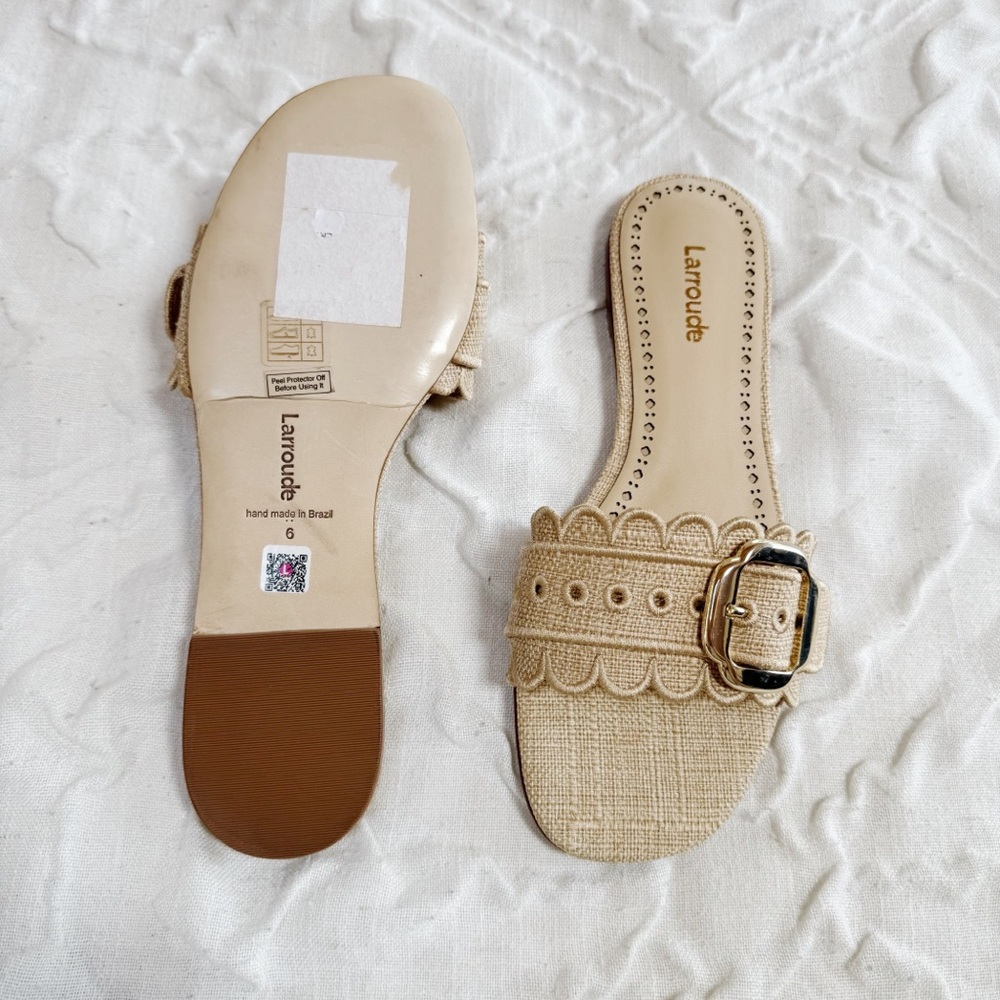 Larroudé Ivy Broderie Flat Sandal In Beige Raffia Size 6 New - Picture 7 of 11